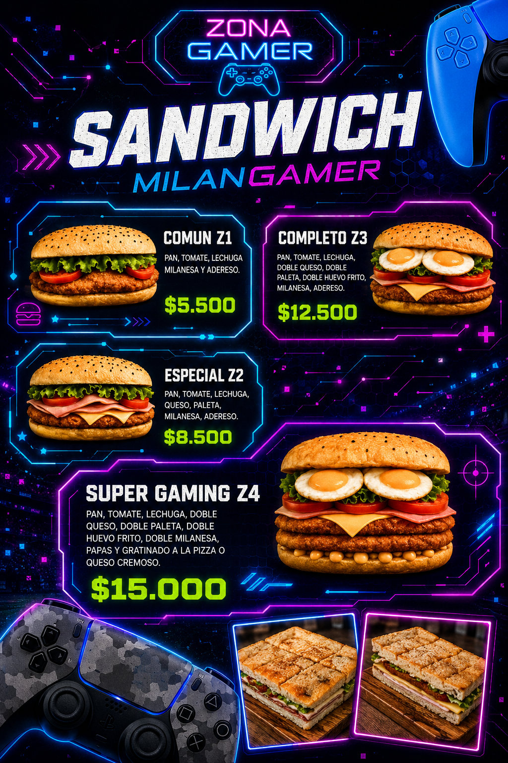 Productos de Sándwiches de Zona Gamer